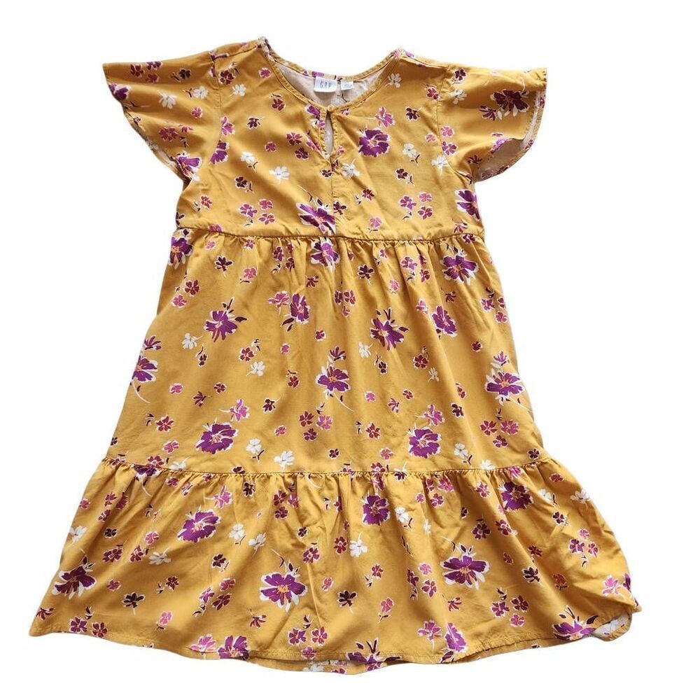 Gap large girls 10-12 mustard boho yellow floral summer dress flutter short slee